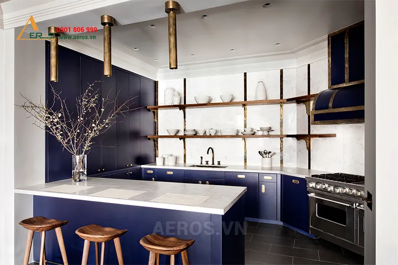 Thiết kế tủ bếp đẹp với tông màu xanh dương